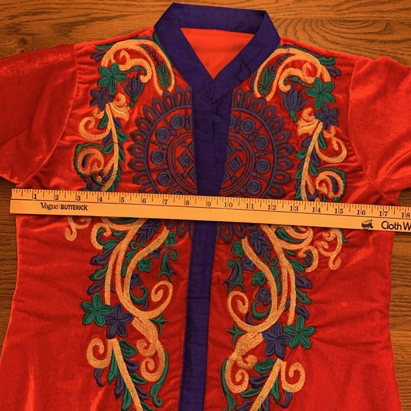Red Velvet Multicolor Floral Embroidered Long Tunic Top Boho Kurta Sz S/XS - Picture 8 of 12